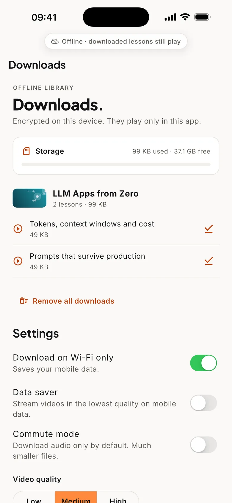 The Downloads screen in the withsilasogar app while offline: two downloaded lessons from LLM Apps from Zero in the encrypted offline library, with settings for Wi-Fi-only downloads, data saver and commute mode.